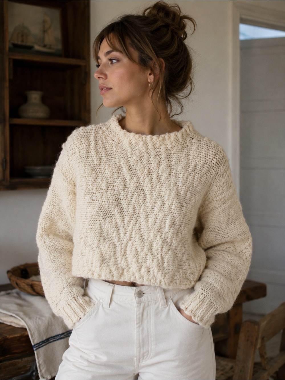 Kasper Knits Wool Chunky Cropped Sweater Cream Fisherman Large Minimalist Cozy